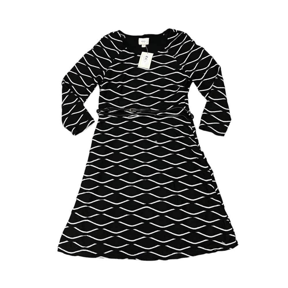 NWT ECI New York Black & White Scalloped Striped 3/4 Sleeve Dress Size 8